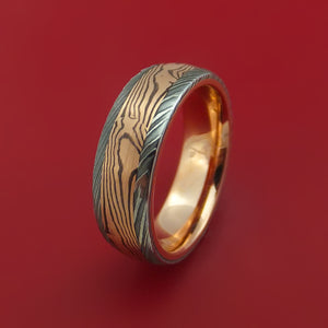 Damascus Steel Ring with Rose Gold Mokume Shakudo and Rose Gold Sleeve Custom Made Band