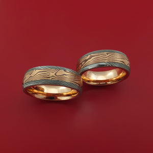 Damascus Steel Ring Set with Rose Gold Mokume Shakudo and Rose Gold Sleeves Custom Made Bands