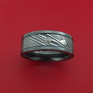 Black Zirconium Ring with Kuro Damascus Steel Inlay and Black Diamond Custom Made Band