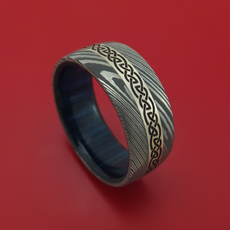 Damascus Steel Celtic Ring With 14K White Gold Inlay And Hardwood Sleeve Custom Made Band