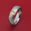 Damascus Steel and Gold Ring with Feather Texture Custom Made Band