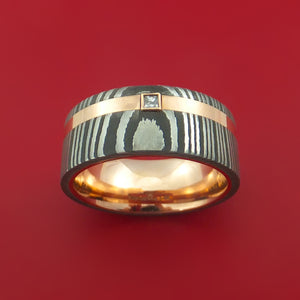 Damascus Steel Ring with 14k Rose Gold Inlay and Sleeve and Diamond Custom Made Band