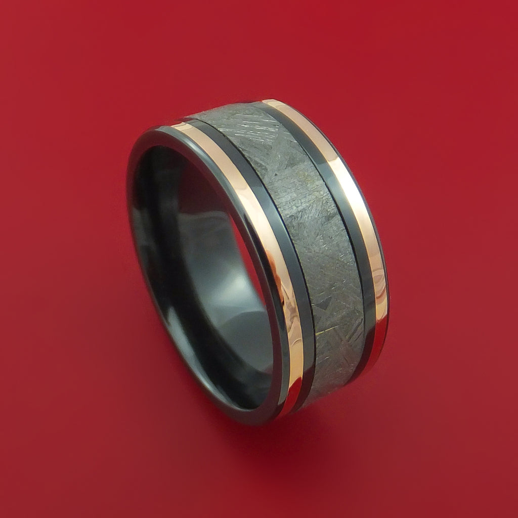 Black Zirconium Ring with Gibeon Meteorite and 14k Rose Gold Inlays Custom Made Band