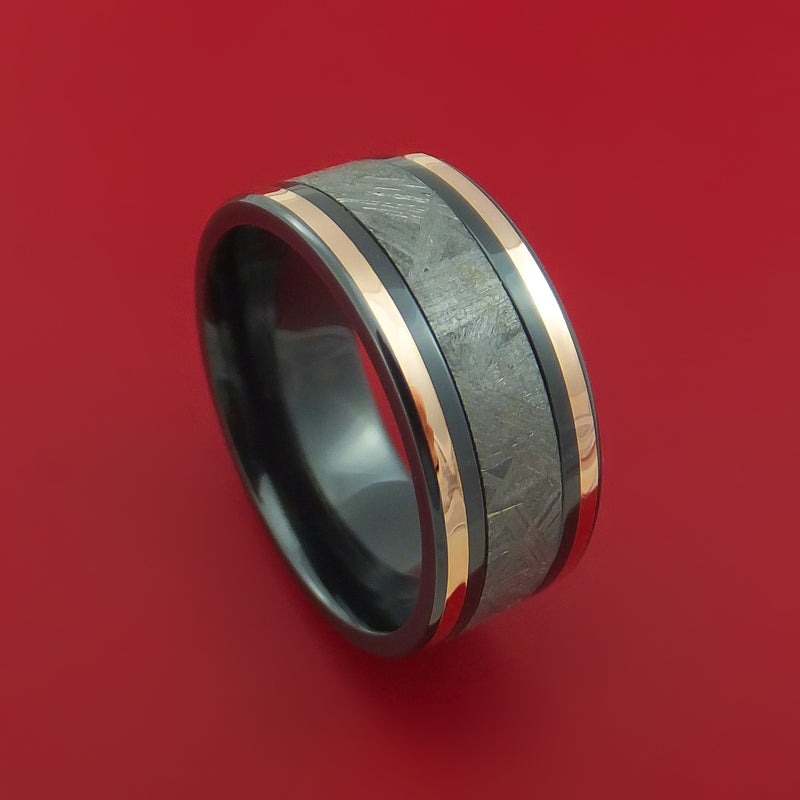 Black Zirconium Ring with Gibeon Meteorite and 14k Rose Gold Inlays Custom Made Band