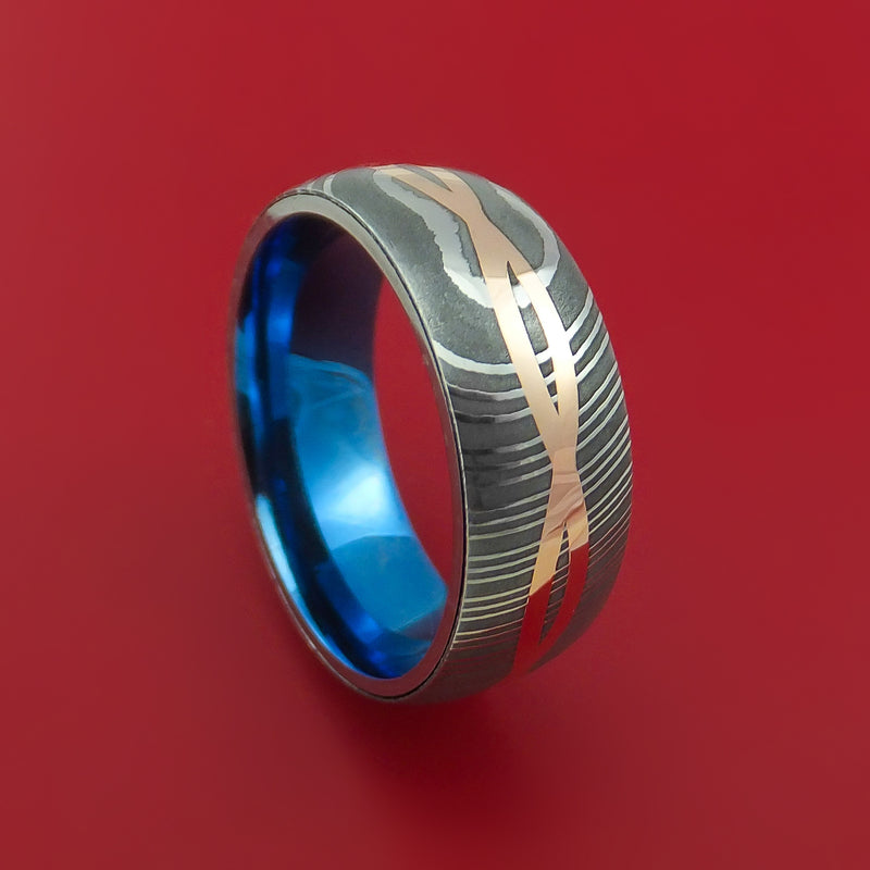 Damascus Steel Ring with Gibeon Meteorite Inlay and Blue Sapphire Custom  Made Men's Wedding Band – Stonebrook Jewelry