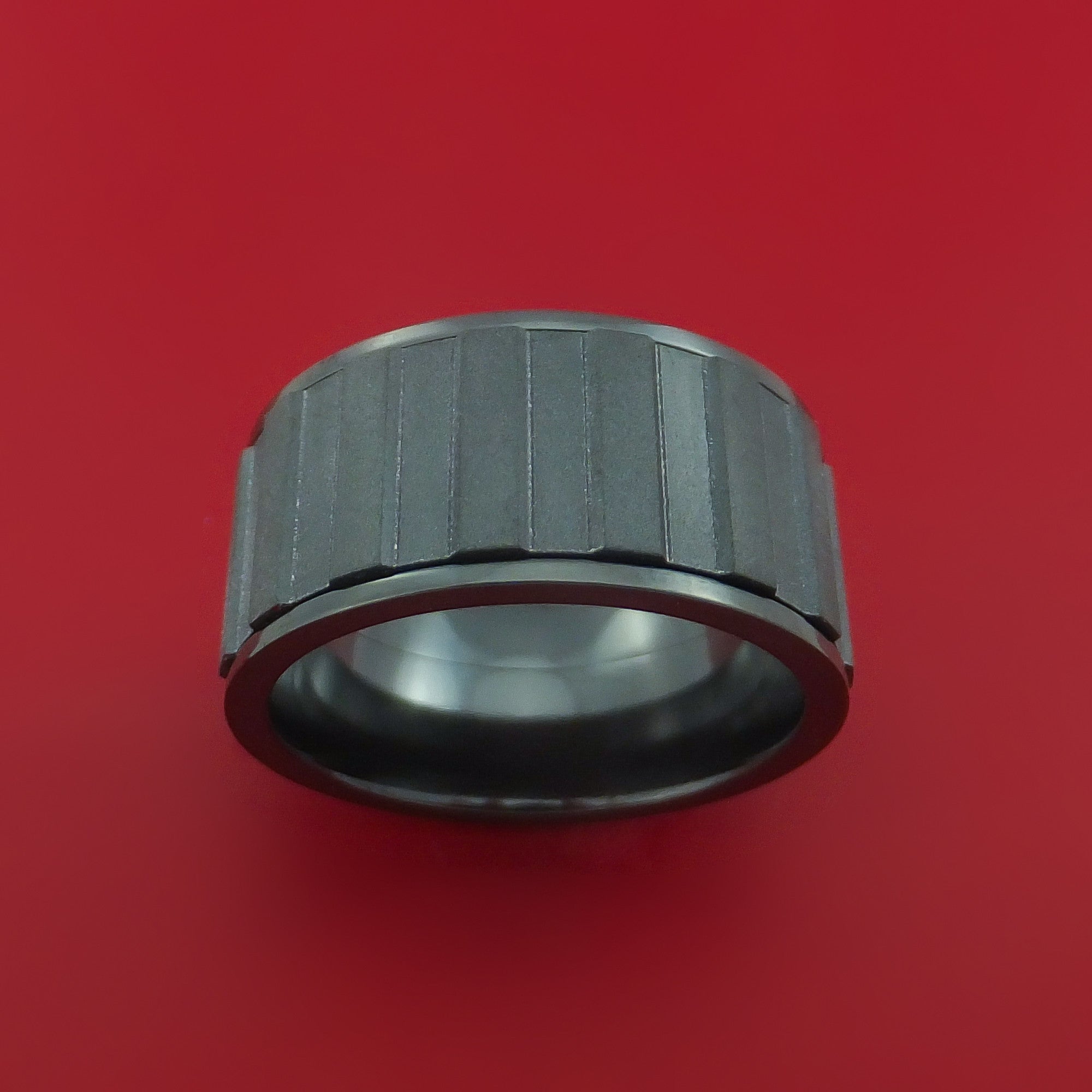 Wide Black Zirconium Spinner Ring with Milled Gear Design Inlay