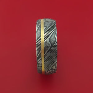 Kuro Damascus Steel Ring with 14k Yellow Gold Inlay and Interior Hardwood Sleeve Custom Made Band