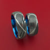Matching Damascus Steel Heart Carved Ring Set Anodized Titanium Wedding Bands Genuine Craftsmanship