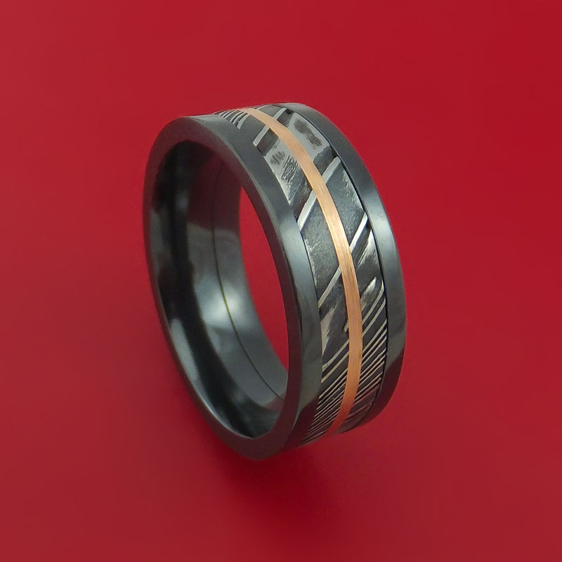 Black Zirconium Ring with Kuro Damascus Steel and 14k Rose Gold Inlays Custom Made Band