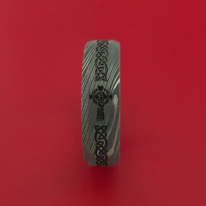 Damascus Steel Ring with Cross Etched Celtic Design Inlay Custom Made Band