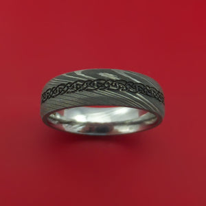 Damascus Steel Ring with Cross Etched Celtic Design Inlay Custom Made Band