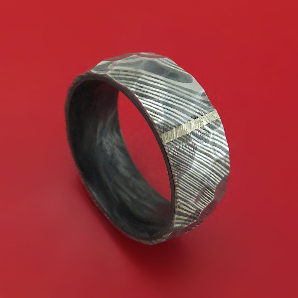 Damascus Steel Hammered Ring with Vertical 14K Gold Inlay and Forged Carbon Fiber Sleeve Custom Made