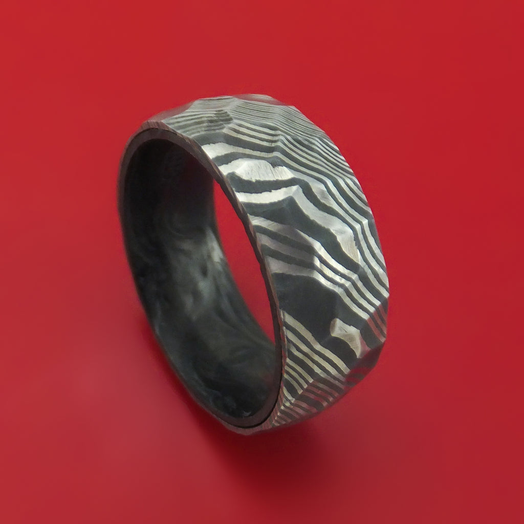 Damascus Steel Hammered Ring with Forged Carbon Fiber Sleeve Custom Made