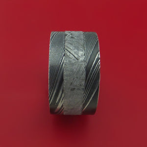 Wide Kuro Damascus Steel Ring with Gibeon Meteorite Inlay and Interior Hardwood Sleeve Custom Made Band