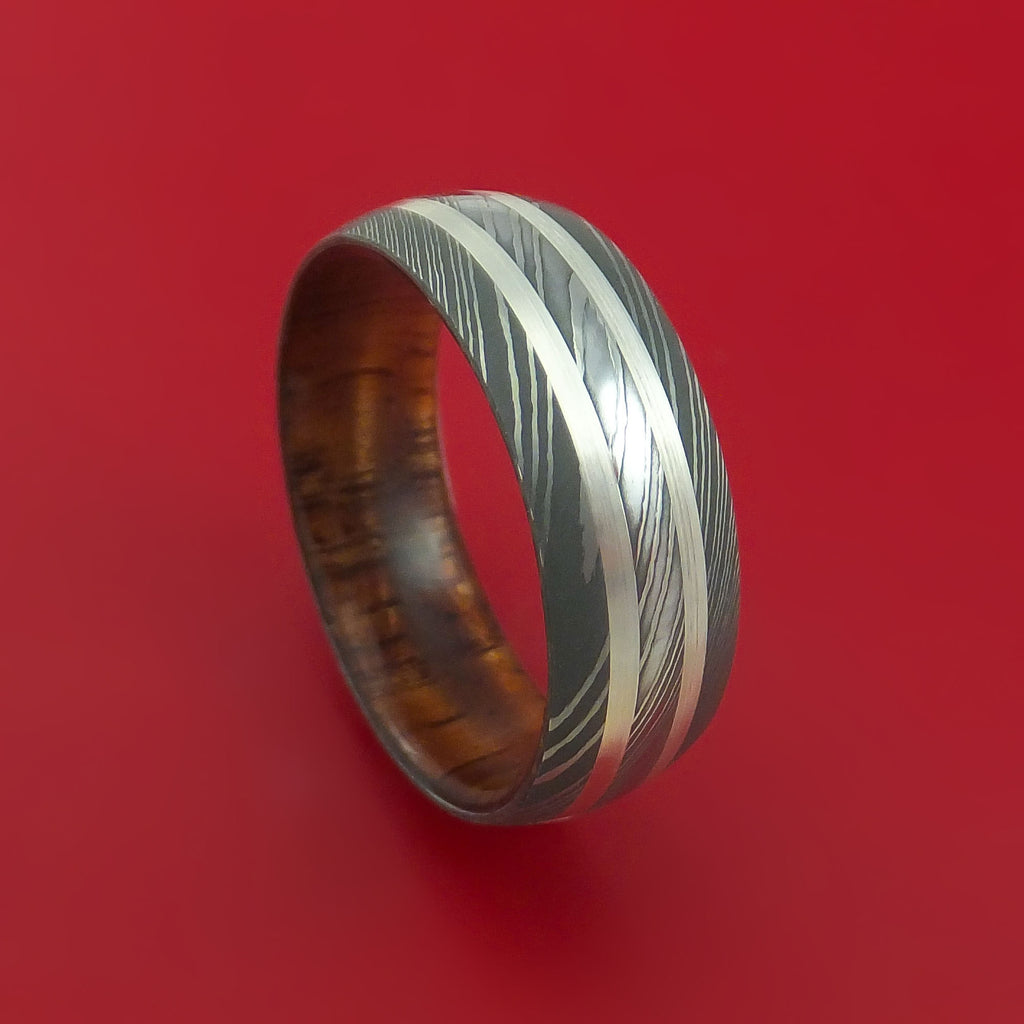 Damascus Steel Ring with Silver Inlays and Koa Hard Wood Sleeve