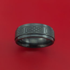Black Ceramic Ring with Infinity Knot Etched Celtic Design Inlay Custom Made Band