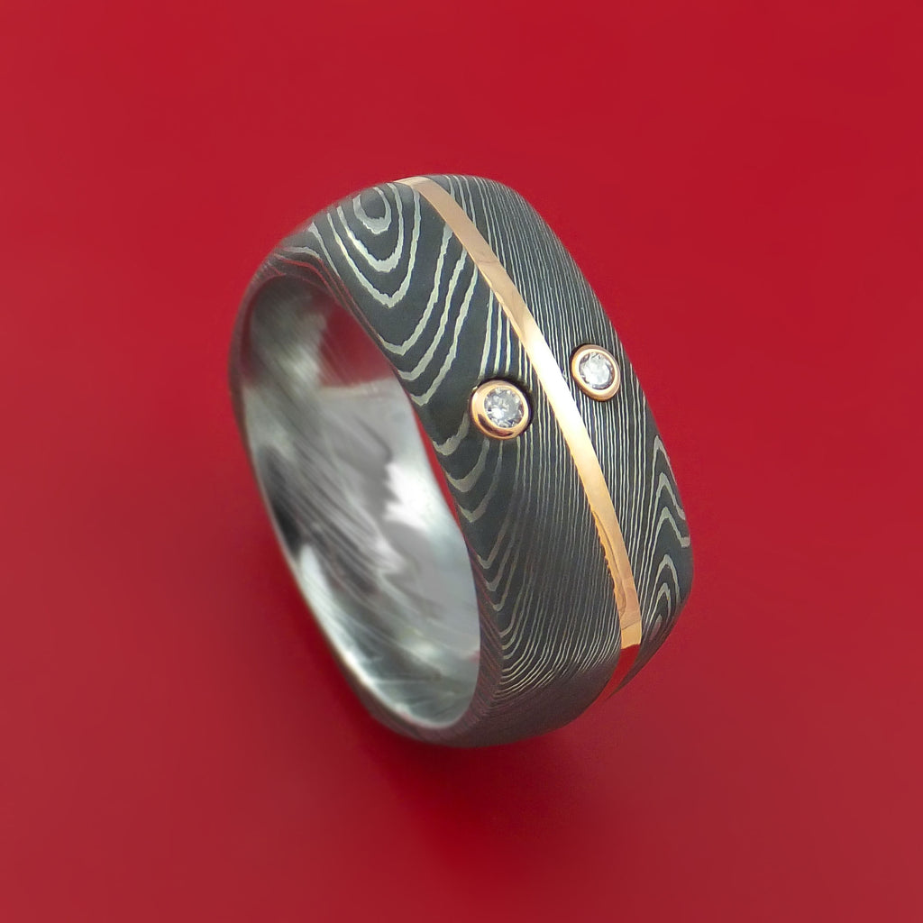 Damascus Steel Square Band with 14k Rose Gold and Diamonds Custom Made Ring