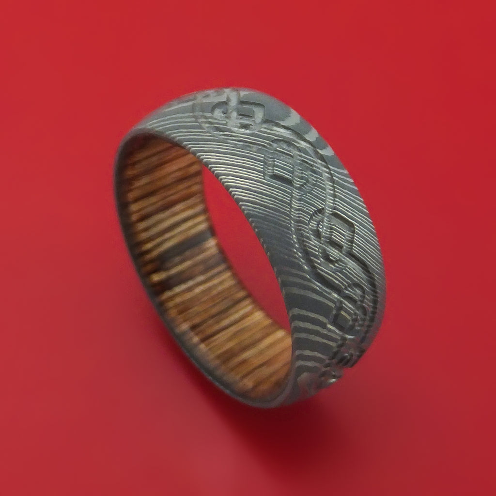 Damascus Steel Ring with Milled Celtic Heart Design and Interior Hardwood Sleeve Custom Made Band
