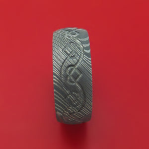 Damascus Steel Ring with Milled Celtic Heart Design and Interior Hardwood Sleeve Custom Made Band