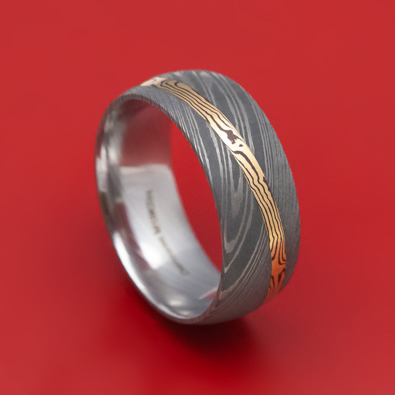 Damascus Steel Ring With Diagonal Mokume Shakudo Inlay Custom Made