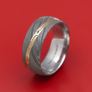 Damascus Steel Ring With Diagonal Mokume Shakudo Inlay Custom Made