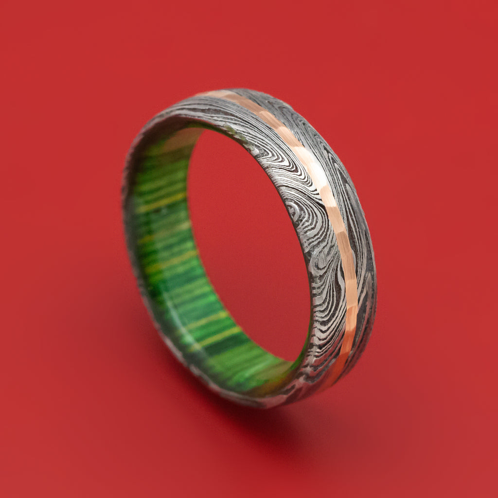 Marble Kuro Damascus Steel Ring with Hammered Gold Inlay and Wood Sleeve