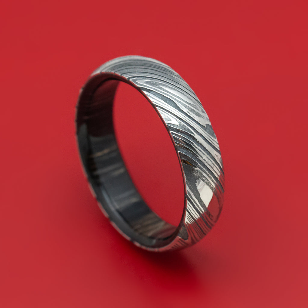 Kuro Damascus Steel Ring With Hardwood Sleeve Custom Made Wood Band