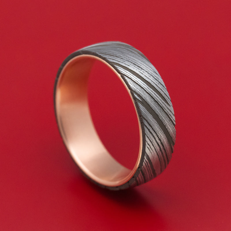 Damascus Steel Mens Ring with 14K Rose Gold Sleeve