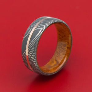 Damascus Steel Ring with Gold Inlay and Wood Sleeve