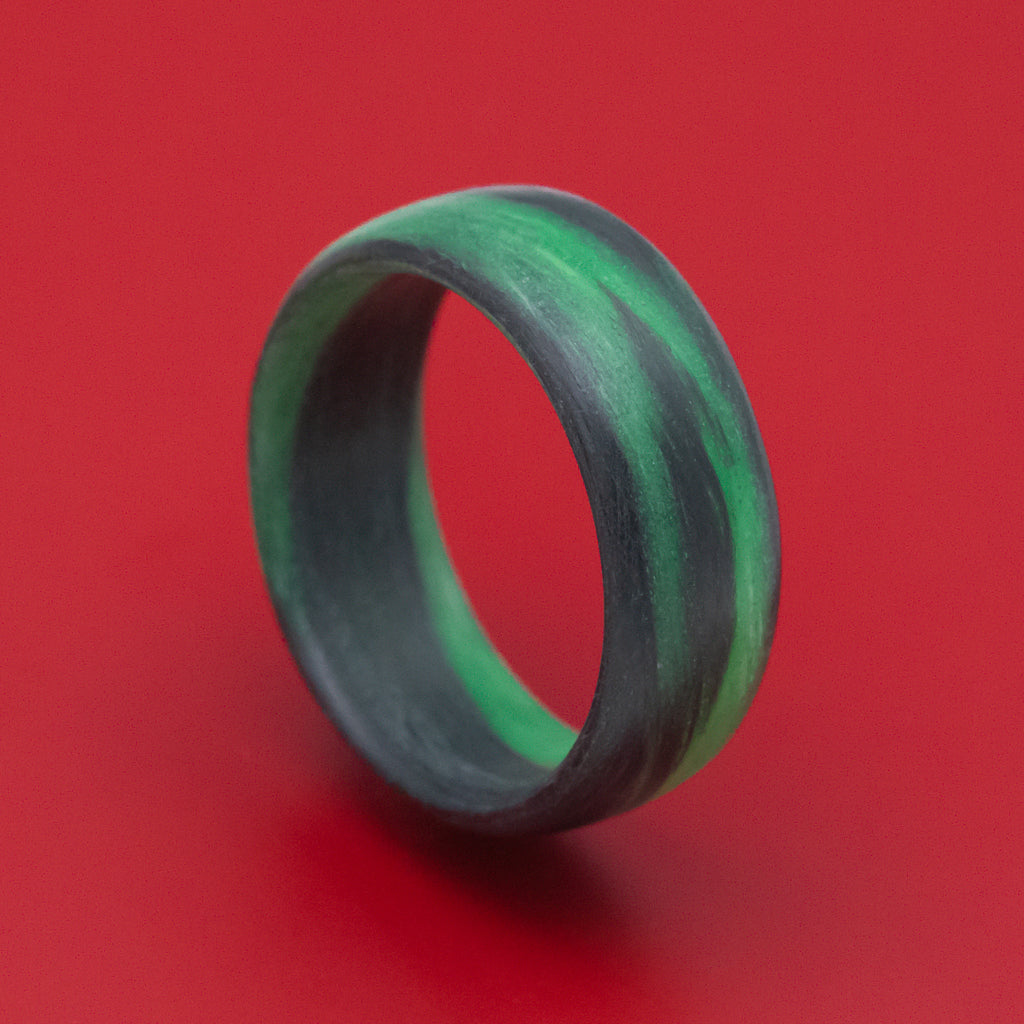 Carbon Fiber Ring with Green Glow Marbled Design