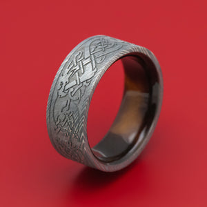 Damascus Steel Celtic Dragon Ring with Wood Sleeve