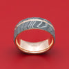 Damascus Steel 14K Gold Sleeve and Inlay Ring with Rock Hammer Finish