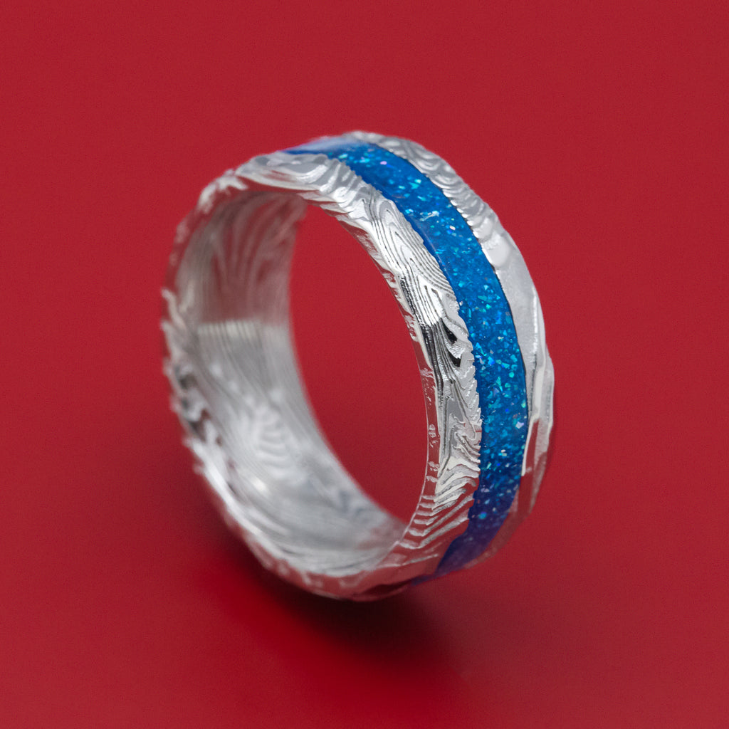 Sunset Kuro Damascus Steel and DiamondCast Inlay Ring Custom Made