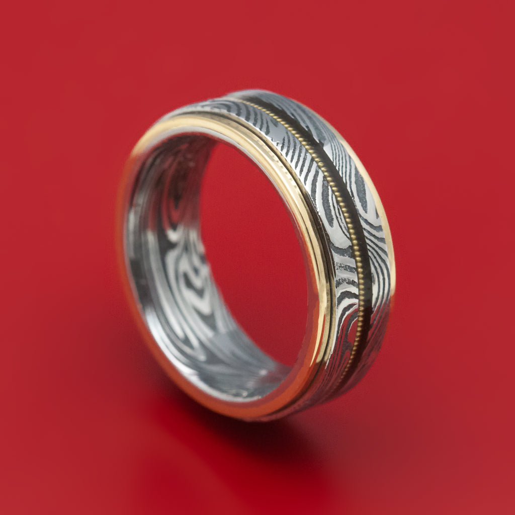 Sunset Kuro Damascus Steel and Guitar String Ring with Gold Edges Custom Made
