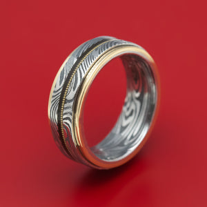 Sunset Kuro Damascus Steel and Guitar String Ring with Gold Edges Custom Made