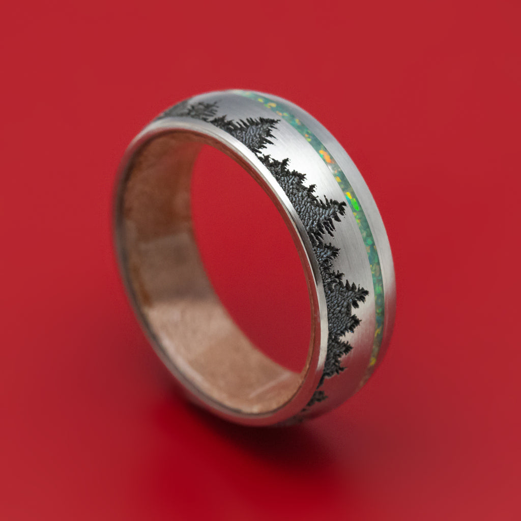 Titanium and Opal Ring with Tree Design and Wood Sleeve Custom Made Band