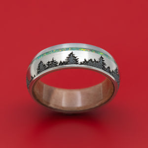 Titanium and Opal Ring with Tree Design and Wood Sleeve Custom Made Band