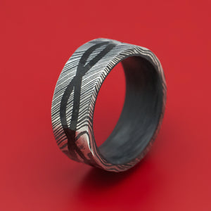 Kuro Damascus Steel Ring with Infinity Dinosaur Bone Inlay and Forged Carbon Fiber Sleeve