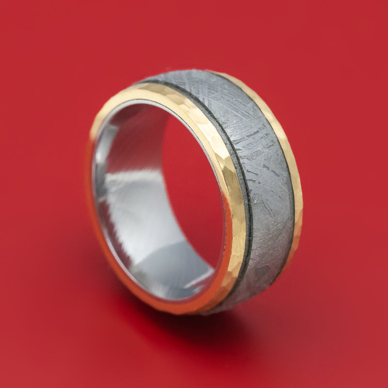 14K Gold and Gibeon Meteorite Ring with Damascus Steel Sleeve and Cerakote Grooves