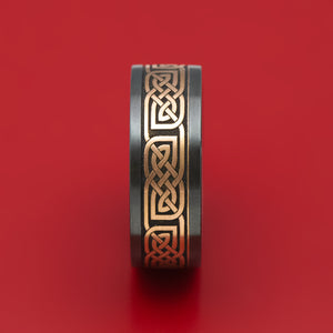 Black Zirconium and Kuro Damascus Steel 14K Gold Celtic Knot Pattern Inlay Ring