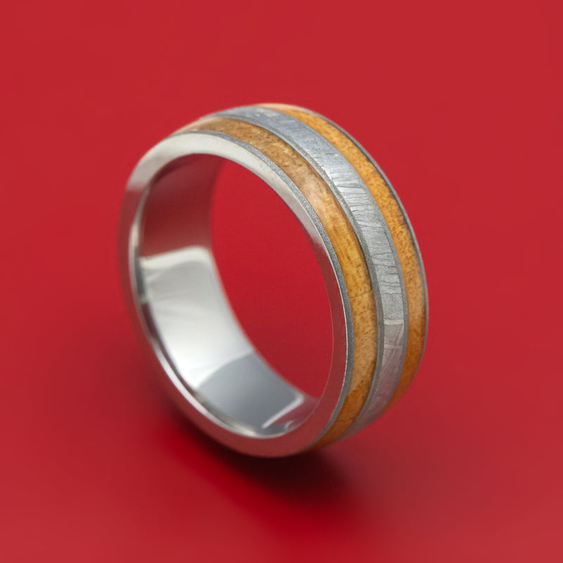 Titanium Ring with Gibeon Meteorite and Wood Inlays Custom Made Band
