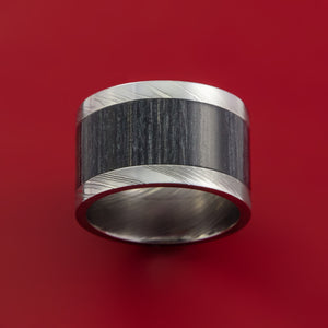 Extra Wide Damascus Steel Ring with Hardwood Inlay Custom Made Band
