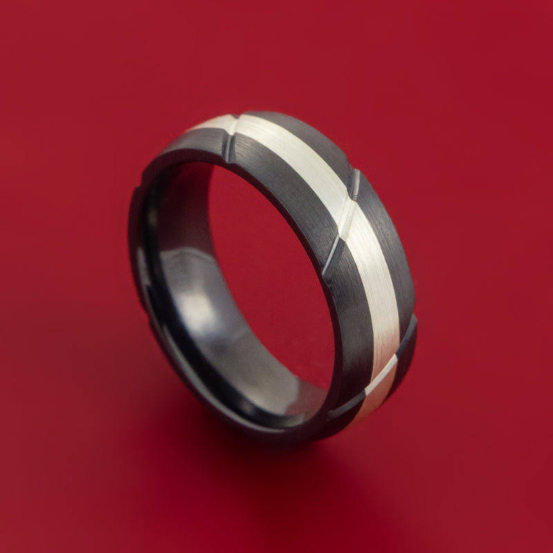 Black Zirconium Textured Ring with Silver Inlay Wedding Band Any Size and Finish Alternative Look