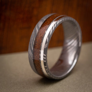 Damascus Steel Ring with Dinosaur Bone and 14K Gold Inlay Custom Made Band