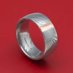 Damascus Steel Ring with Vertical 14k Gold Textured Inlay Custom Made Band