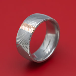 Damascus Steel Ring with Vertical 14k Gold Textured Inlay Custom Made Band