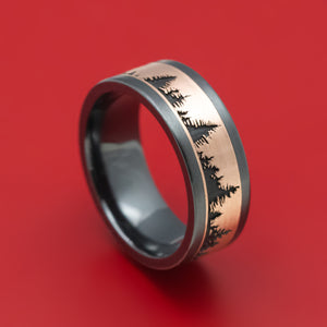 Black Zirconium And Gold Pine Tree Design Ring