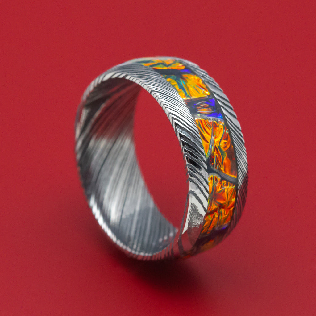 Kuro Damascus Steel and Dichrolam Inlay Ring Custom Made Band