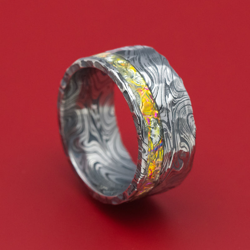 Marble Kuro Damascus Steel and Dichrolam Inlay Ring Custom Made Band