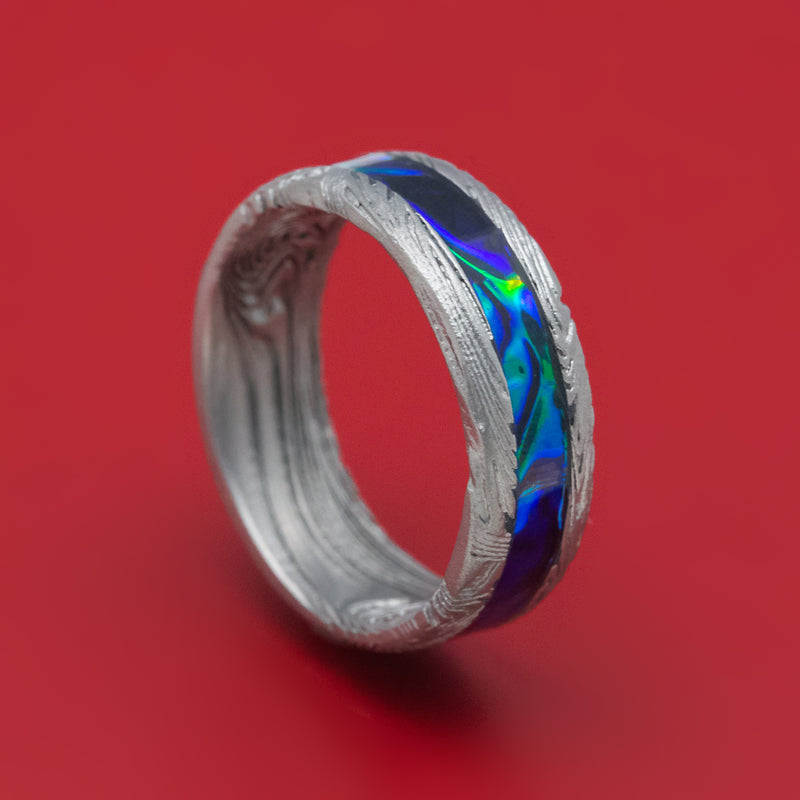 Sunset Kuro Damascus Steel and Dichrolam Inlay Ring Custom Made Band